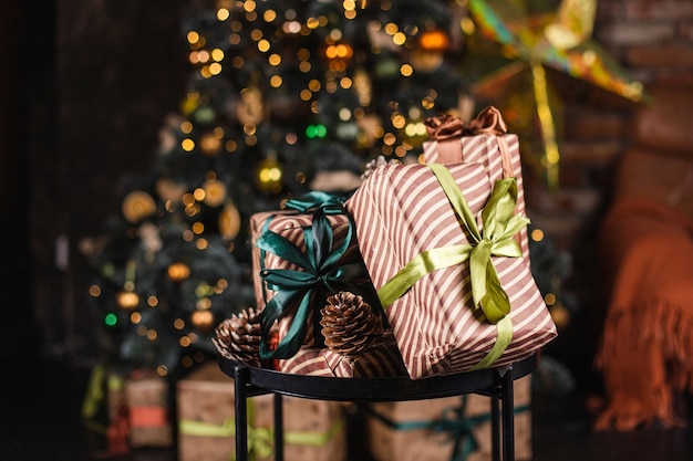 Beautiful Christmas tree decorated with toys and gifts