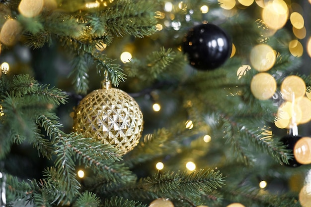 Beautiful Christmas tree with a festive golden ball