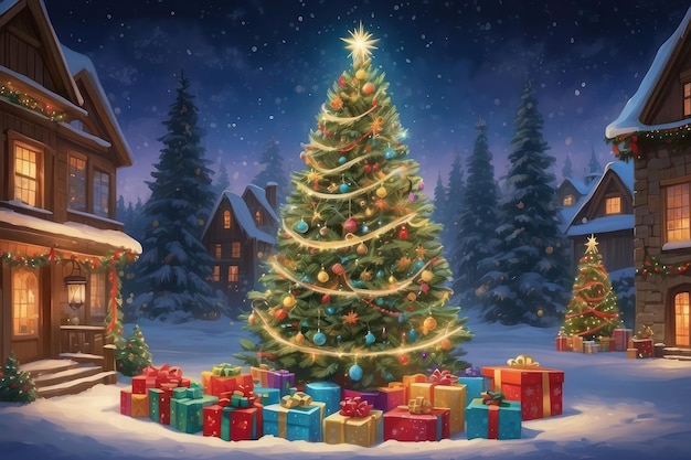 Beautiful Christmas tree with presents in a snowy village capturing the festive holiday spirit