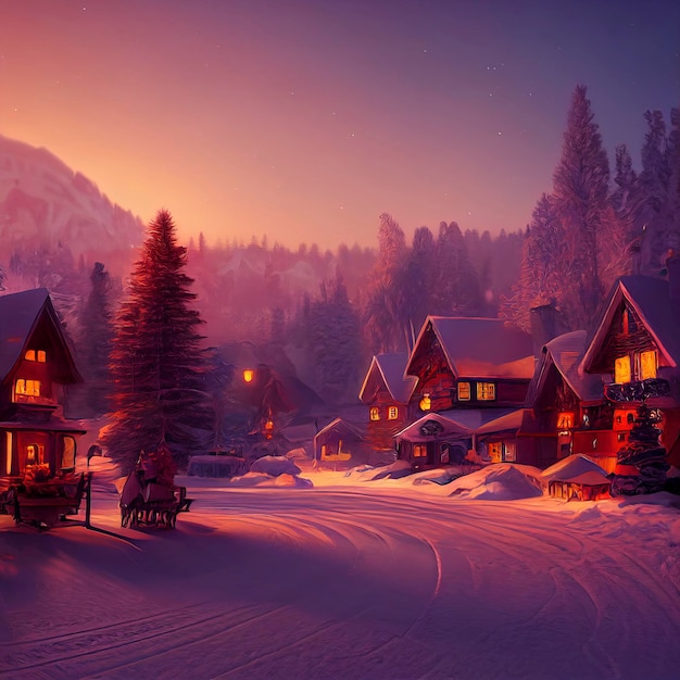 A beautiful Christmas village in the mountains Winter landscape houses with christmas decorations