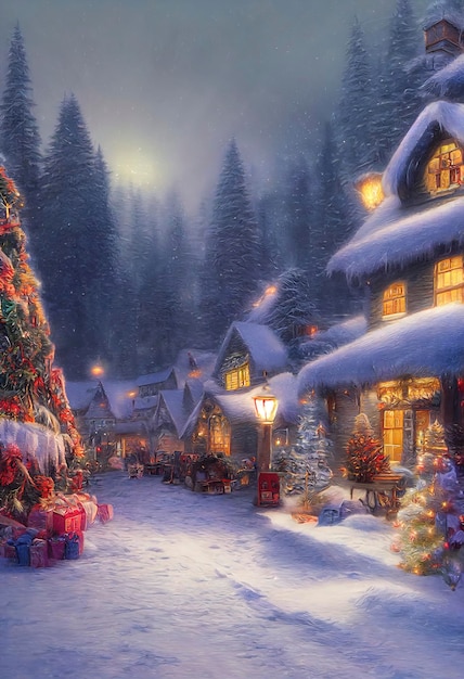 A beautiful Christmas village in the mountains Winter landscape houses with christmas decorations