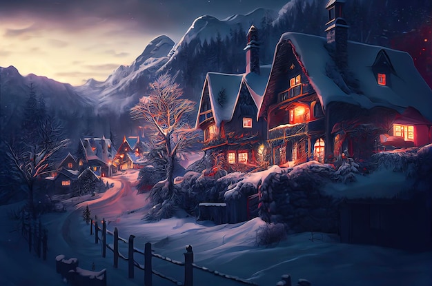 A beautiful Christmas village in the mountains Winter landscape