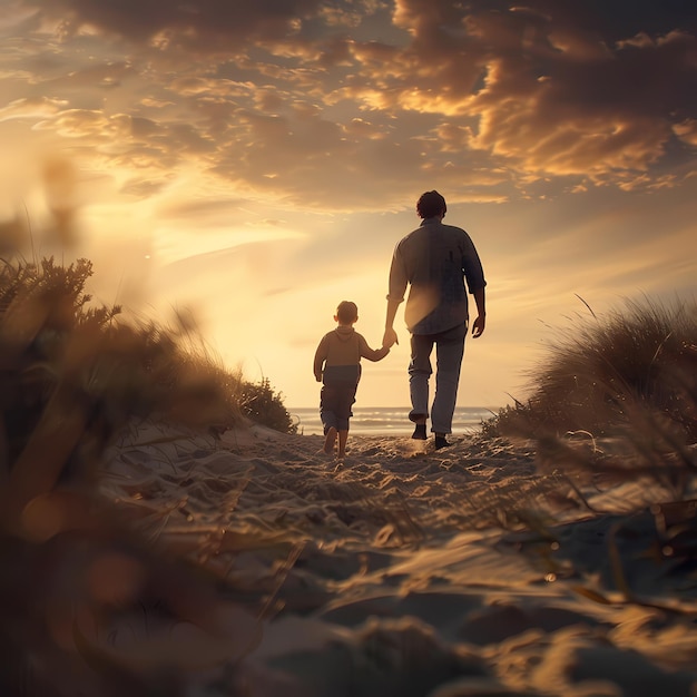 beautiful cinematic shots of father and son or daughter with sunset background