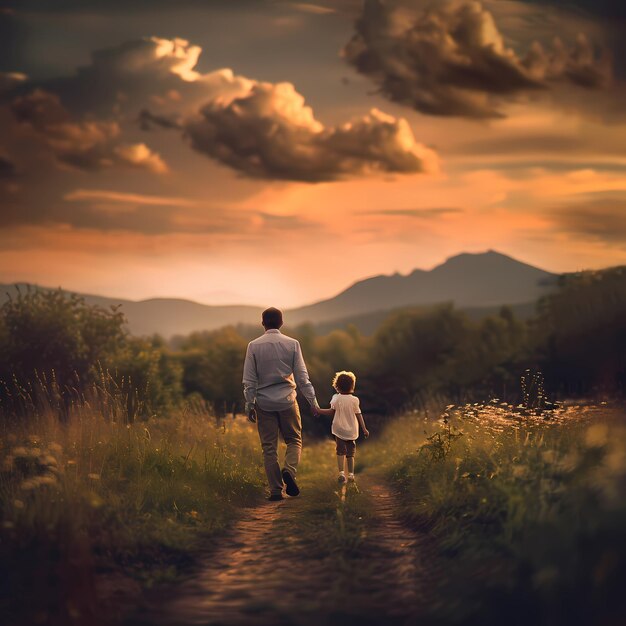 beautiful cinematic shots of father and son or daughter with sunset background