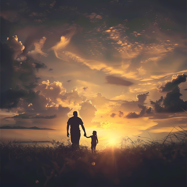 beautiful cinematic shots of father and son or daughter with sunset background