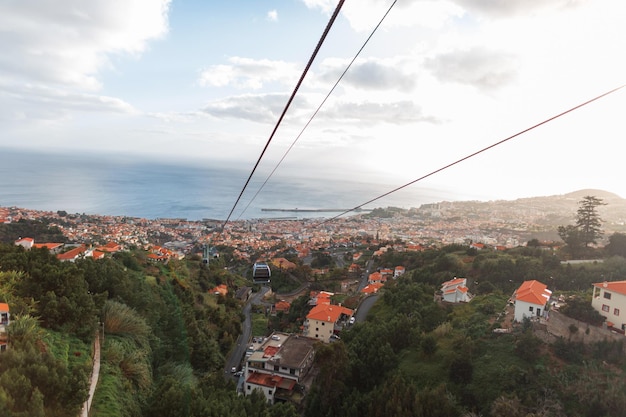 Beautiful city of Funchal with vintage houses and cable cars by the ocean bird's eye view The amazing island of Madeira