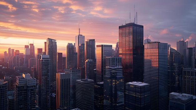 Photo a beautiful city skyline at sunset with modern skyscrapers