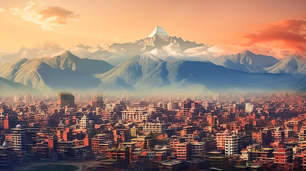 A beautiful city with a large mountain in the background