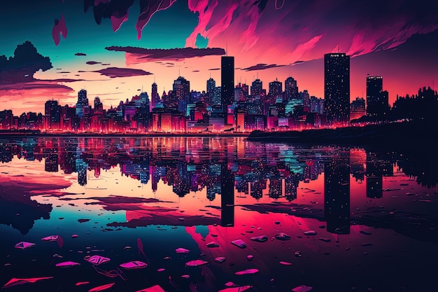 Beautiful city with tall buildings that shine at night beneath a colorful sky