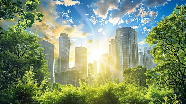 A beautiful cityscape image of a modern city with lush green trees and a bright blue sky