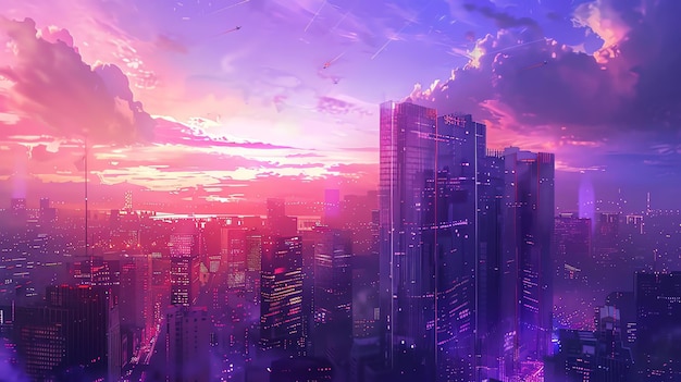 A beautiful cityscape of a modern city with skyscrapers reaching for the sky The colors are vibrant and the atmosphere is serene