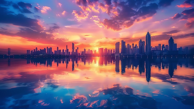 A beautiful cityscape with a river in the foreground and a sunset in the background