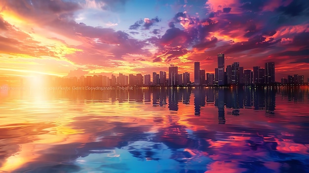 A beautiful cityscape with a vibrant sunset over the ocean