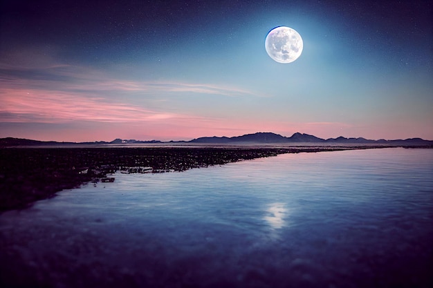 Beautiful clean ocean with mountain background at night