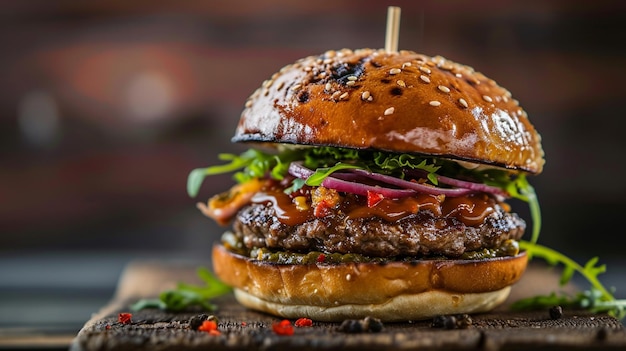 Beautiful Close up home made beef burger on wooden table Generative Ai