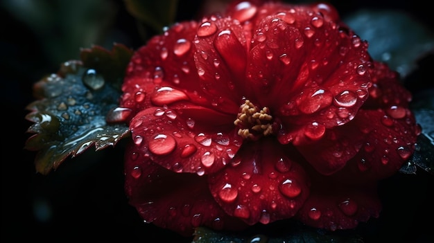 Beautiful close up wet red Japanese Camelia flower with some leaves and some water droplet looks fresh in the nature background