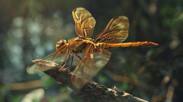 A beautiful closeup of a dragonfly perched on a branch The dragonflys wings are a delicate orange color and its body is a deep blue