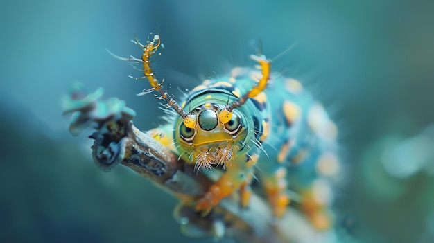 A beautiful closeup of a green and yellow caterpillar with big eyes The caterpillar is sitting on a branch and looking at the camera