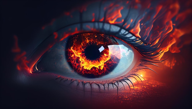 Beautiful closeup image of an eye with fire flame