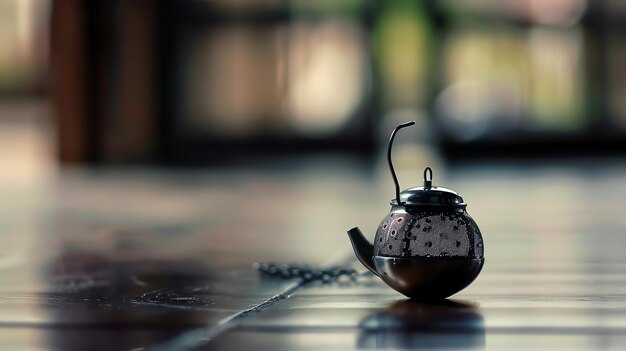 A beautiful closeup image of a small silver teapot with a long spout and a delicate handle The teapot is sitting on a wooden table