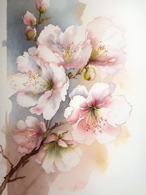 Beautiful closeup nature scene with blooming sakura flowers water color painting Generative AI