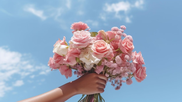 Beautiful closeup of a person holding a flower bouquet up in the sky made with generative AI