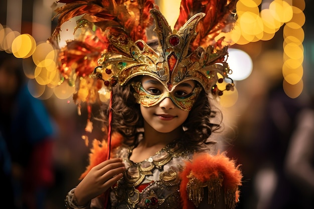 Beautiful closeup portrait of girl in traditional venetian carnival mask and costume at the national Venice festival in Italy