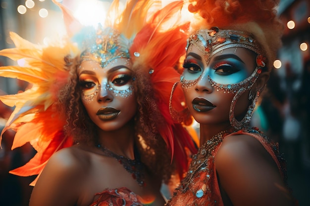 Beautiful closeup portrait of two young womans in traditional Samba Dance outfit and makeup for the brazilian carnival Rio De Janeiro festival in Brazil