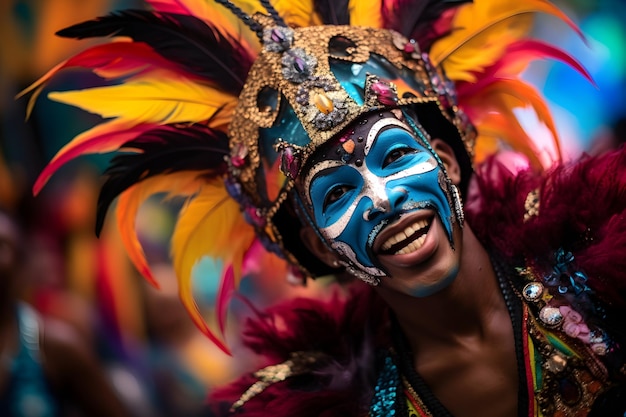 Beautiful closeup portrait of young man in traditional Samba Dance outfit and makeup for the brazilian carnival Rio De Janeiro festival in Brazil