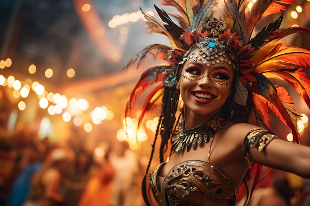 Beautiful closeup portrait of young woman in traditional Samba Dance outfit and makeup for the brazilian carnival Rio De Janeiro festival in Brazil