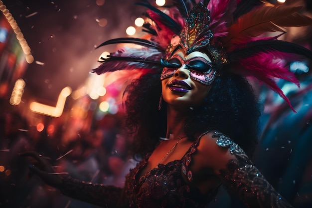 Beautiful closeup portrait of young woman in traditional Samba Dance outfit and makeup for the brazilian carnival Rio De Janeiro festival in Brazil