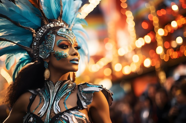 Beautiful closeup portrait of young woman in traditional Samba Dance outfit and makeup for the brazilian carnival Rio De Janeiro festival in Brazil