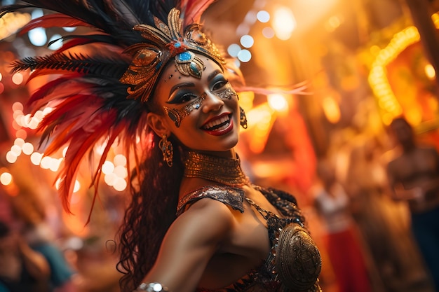 Beautiful closeup portrait of young woman in traditional Samba Dance outfit and makeup for the brazilian carnival Rio De Janeiro festival in Brazil