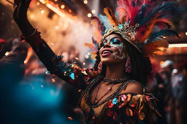 Beautiful closeup portrait of young woman in traditional Samba Dance outfit and makeup for the brazilian carnival Rio De Janeiro festival in Brazil