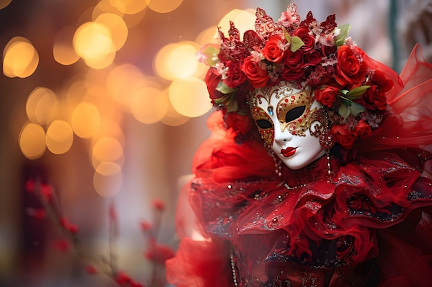 Beautiful closeup portrait of young woman in traditional venetian carnival mask and costume at the national Venice festival in Italy