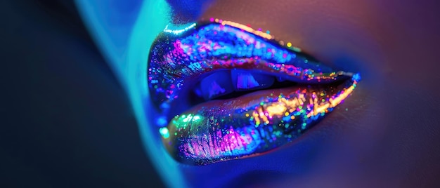 beautiful closeup womans lips with sparkling purple gold bioluminescent neon lights stained glass