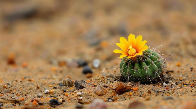 Photo a beautiful closeup of a yellow cactus flower in the desert sand