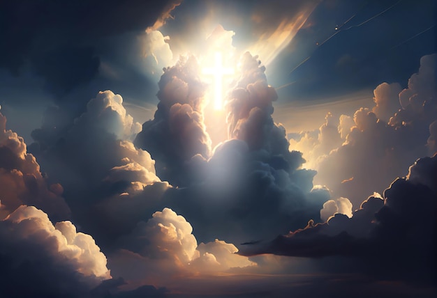 Beautiful clouds with the silhouette of Jesus cross in the sky Christian illustration