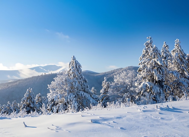 Beautiful cold morning winter snow background with trees forest and mountain in the background