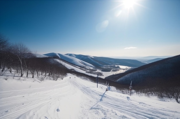 Beautiful cold mountain view of ski resort sunny winter day