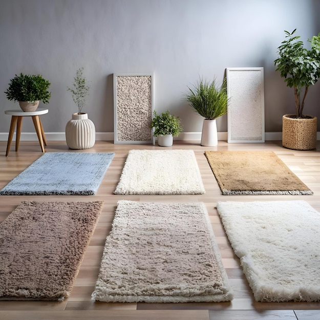 A beautiful collection of six soft and fluffy rugs in various shades and textures