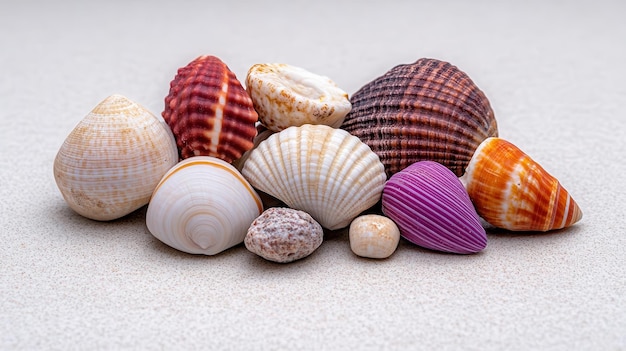 A beautiful collection of various seashells arranged artistically on a soft background perfect for beachthemed projects