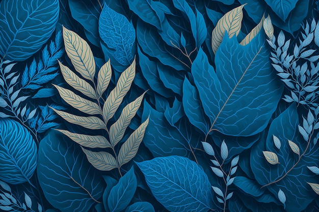 A beautiful color of tropical leaves with blue background Ai generative