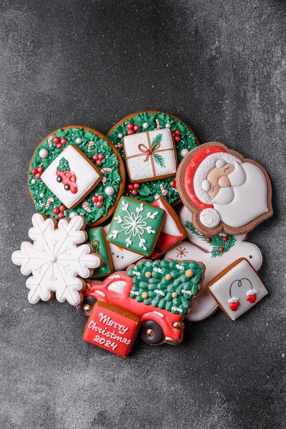 Beautiful colored Christmas gingerbread cookies for the design and decoration