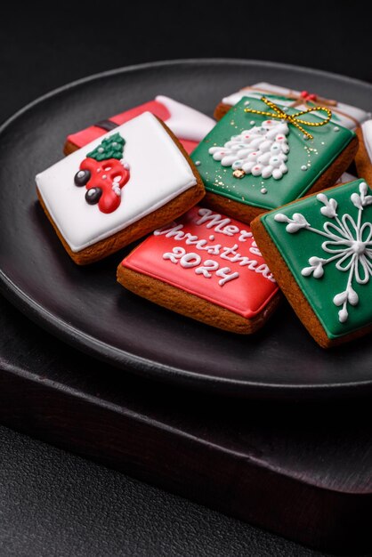 Beautiful colored Christmas gingerbread cookies for the design and decoration