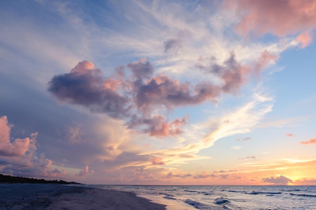 Beautiful colored cloudy evening sky. Sky with clouds at sunset. Seascape.