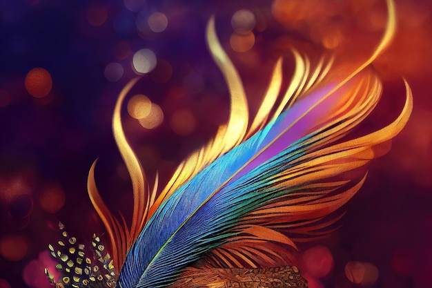 Beautiful colorful background of firebird feathers. Abstract background, blurred bokeh, feather. AI