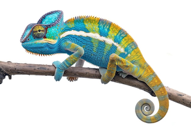 Beautiful colorful chameleon walking on a twig white isolated background