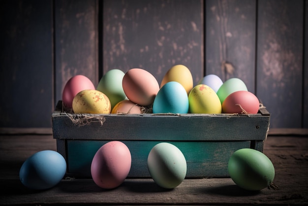 Beautiful colorful Easter eggs on blue wooden