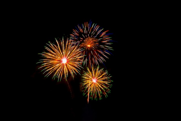 Beautiful colorful fireworks display on the sea beach